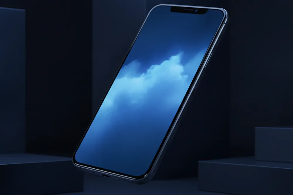 A sleek smartphone glowing cobalt blue in a dark studio — your business showing up inside an AI assistant conversation